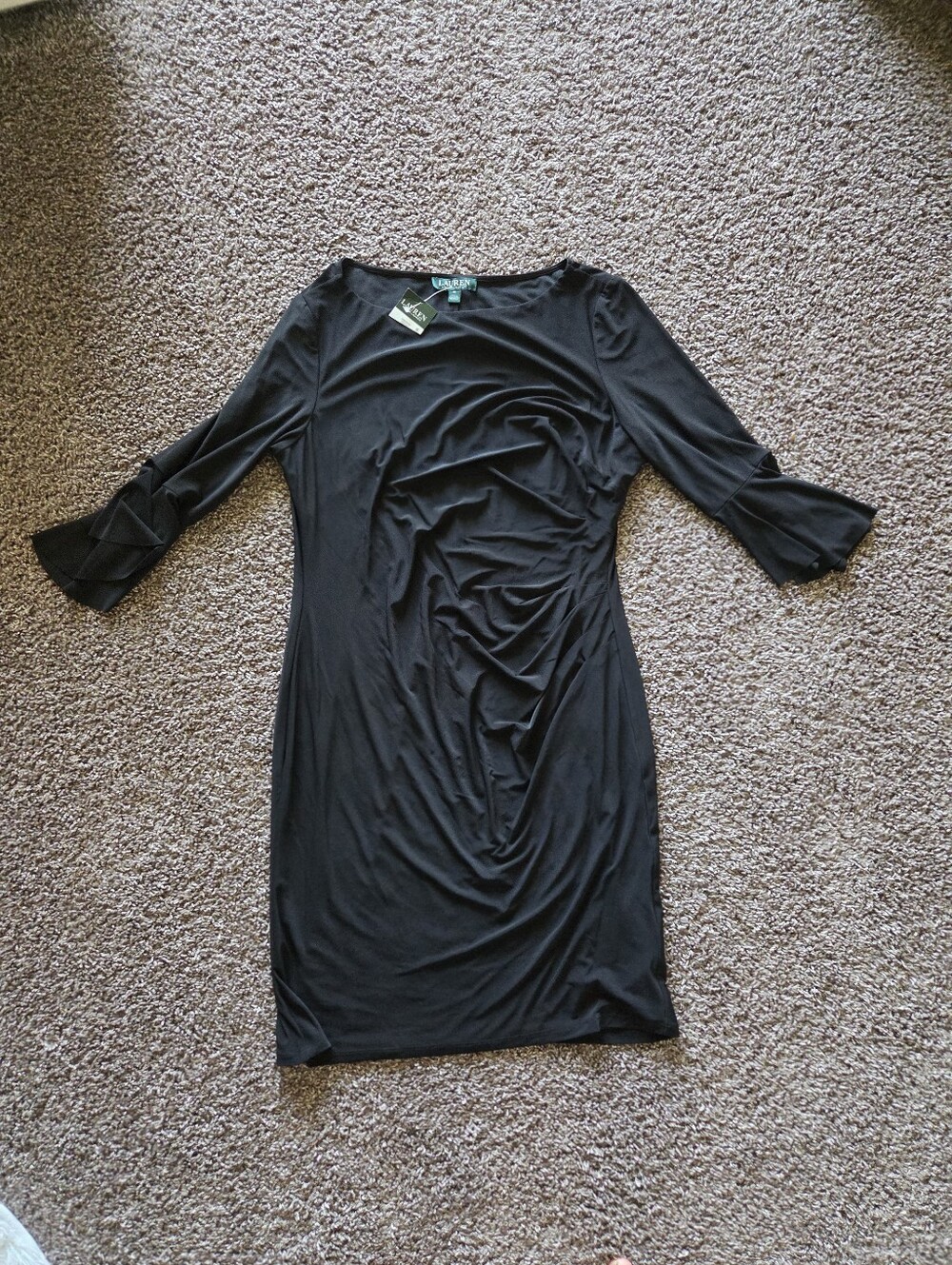 NWT Lauren Ralph Lauren Black Ruched Sheath Dress Size 16 Bell Sleeve
